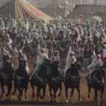 Moroccan riders in traditional clothing performing Tbourida fantasia on decorated horses while firing rifles simultaneously during a cultural festival in Morocco.