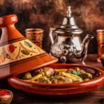 Moroccan chicken tajine with preserved lemons and olives served in a traditional clay pot, garnished with fresh herbs.